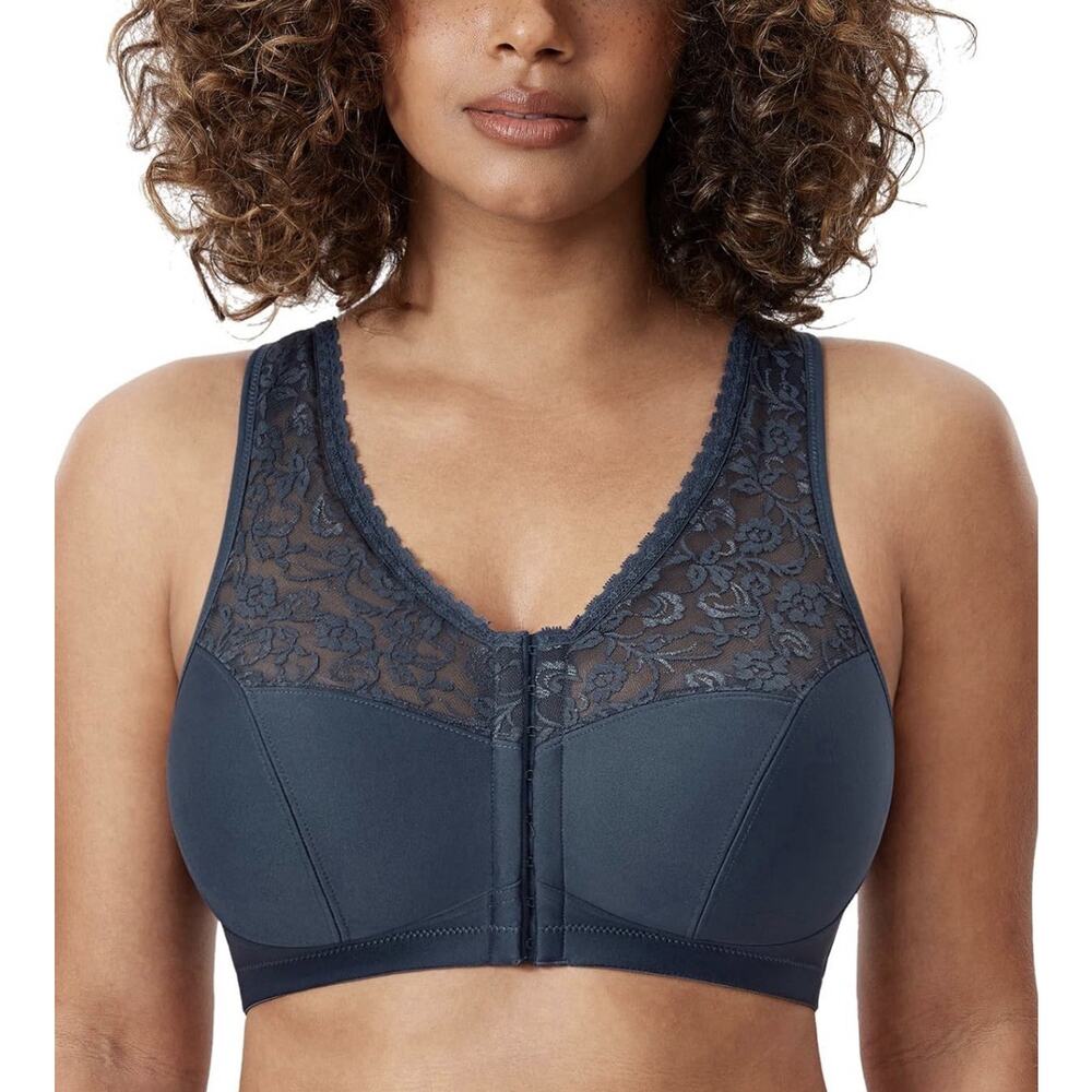 DELIMIRA Women Navy Front Closure Bra Full Coverage Wirefree Lace Racerback 38DD - Picture 1 of 12